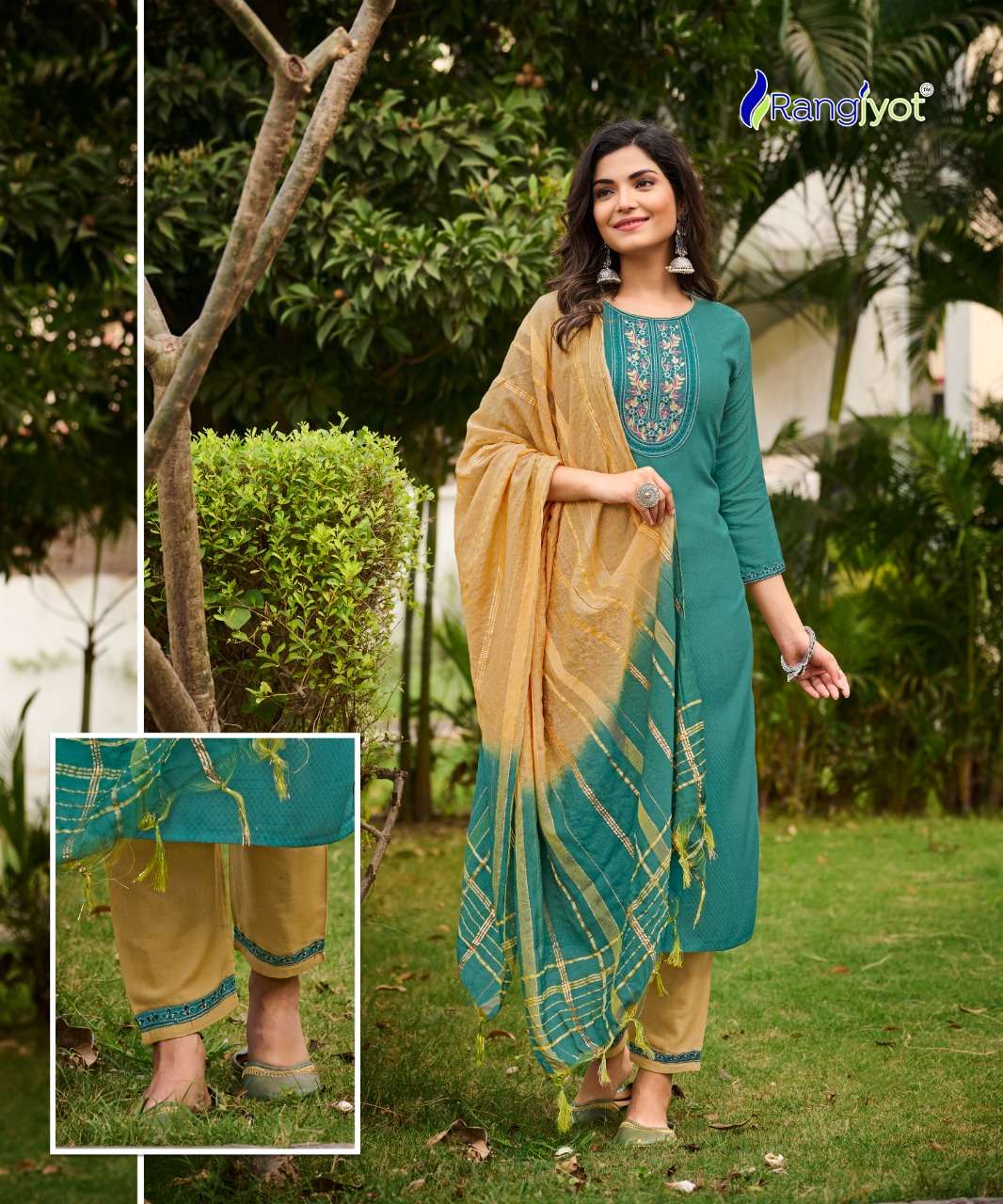 RANGJYOT - VEENA VOL 1 - DOBBY RAYON STYLIST NECK EMBROIDERY WORK KURTI WITH 14 KG RAYON WITH EMBROIDERY WORK PANT AND CHANDERI CORONA DUPATTA - 1003